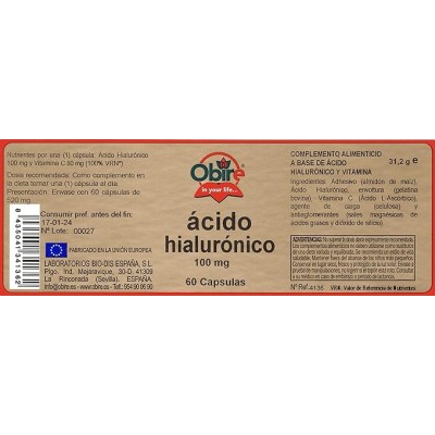 Ácido Hialurónico 100 mg 60 Cápsulas - Obire