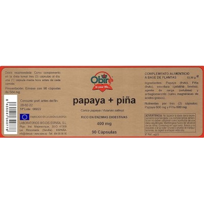 Papaya Piña 400 mg 90 Cap Obire - Suplemento Natural